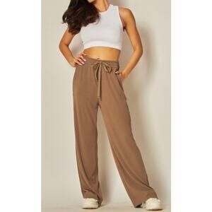 Ribbed High-rise Drawstring Wide Leg Pants